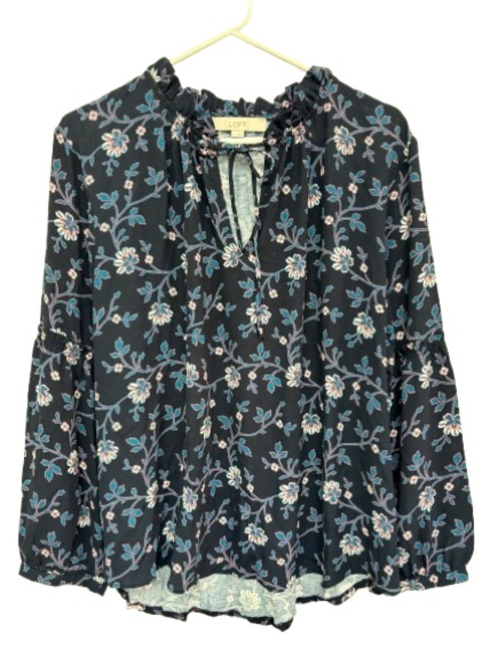 LOFT Black Floral Ruffle-Neck Blouse